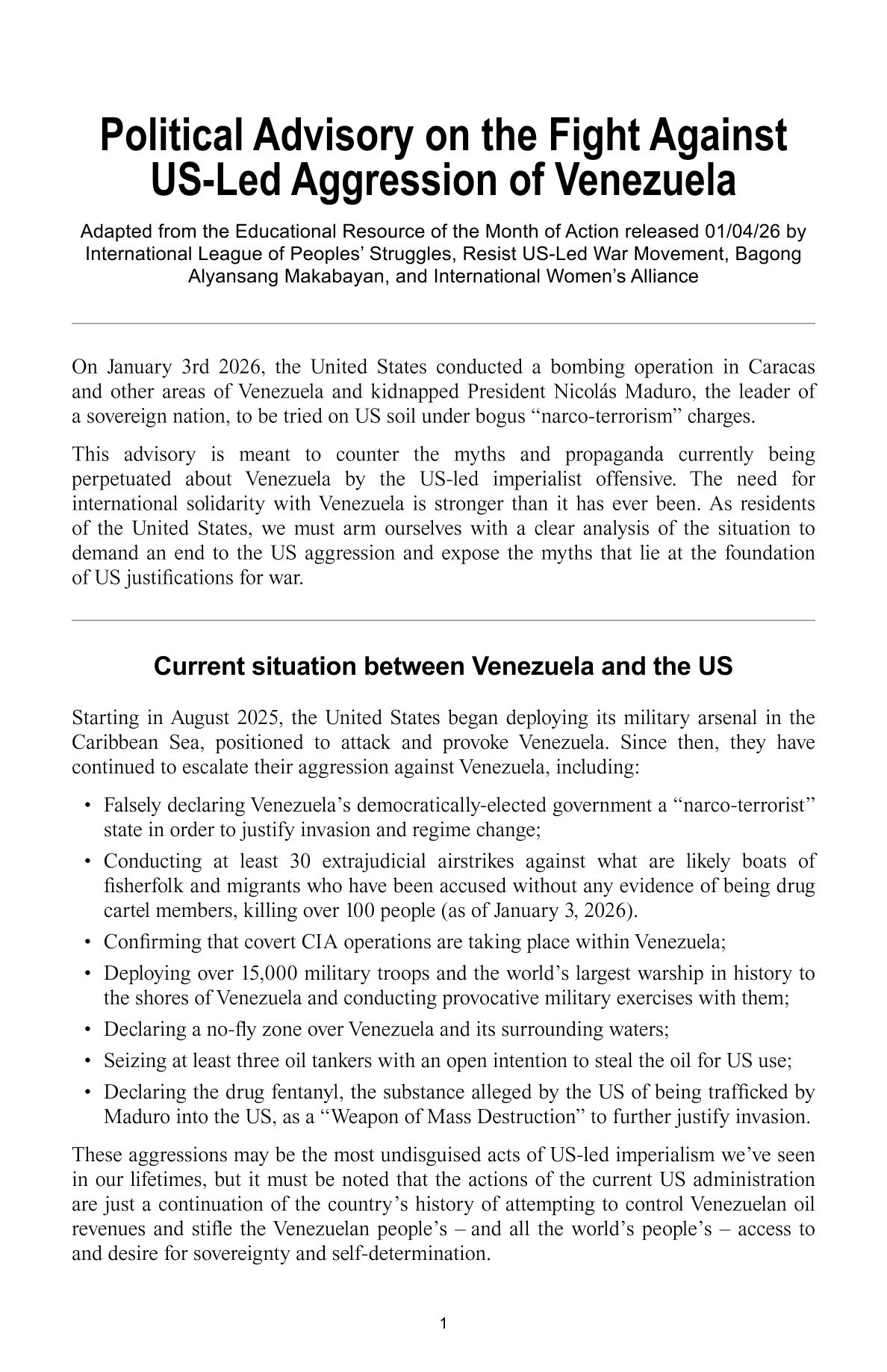 Political Advisory on the Fight Against US-Led Aggression of Venezuela